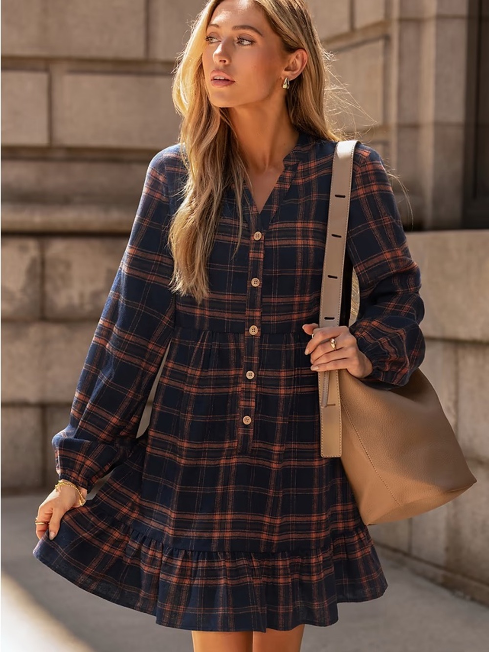 Cupshe Navy & Brown Plaid Long Sleeve Ruffle-Hem Dress